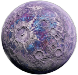 A full moon, its craters washed in violet and blue